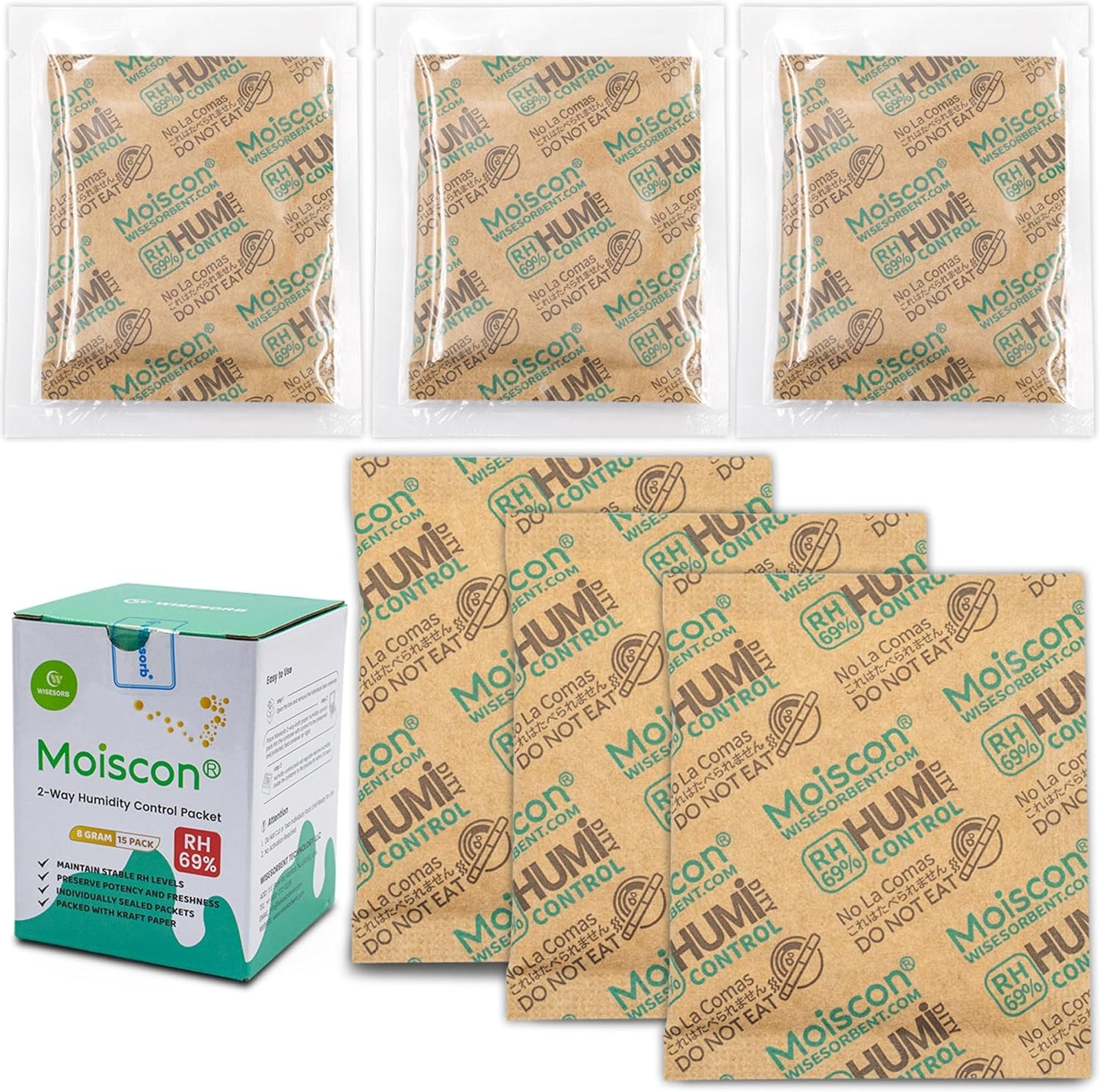 8 Gram 15 Pack 69% Two-Way Humidity Control Packs for Storing 1 oz, Size 8 for Travel Case Resealable Bags, Humidity Pack Moisture Control Packets Individually Wrapped
