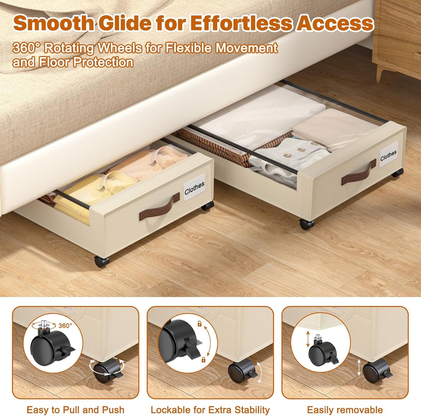 Under Bed Storage with Wheels,XXL 60L Under Bed Storage Containers with Clear Lids, Rolling Under Bed Metal Drawer for Clothes, Shoes,Toys (White, 2 Pack)