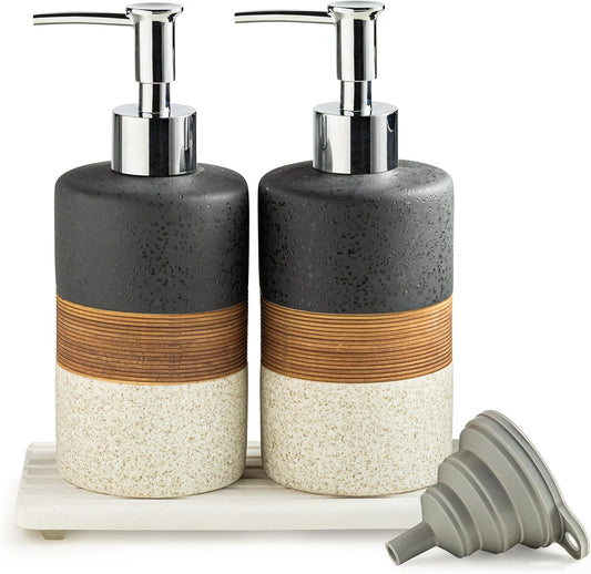 Ceramic Dish Soap Dispensers Set(2 Pack), Hand, Dish, Shower Soap Dispenser for Kitchen Sink & Bathroom, Includes Stainless Steel Pump, Silicone Funnel & Diatomaceous Holder, Black