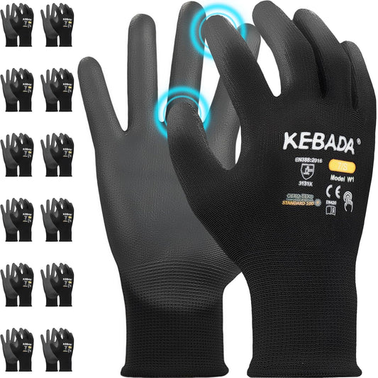 Kebada W1 Work Gloves for Men and Women, PU Coated Safety Gloves with Grip, Touchscreen, Ideal for Warehouse Package Handling, Construction, Gardening, Black XX-Large