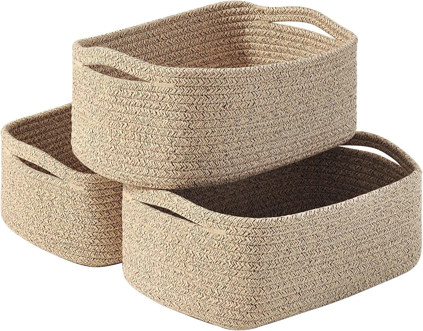 Small Baskets for Organizing, Woven Storage Baskets for Shelves, Small Rope Basket for Storage, Decorative Little Baskets for Gifts Empty, 13"×8.5"×5.1" (3 Packs) Brown