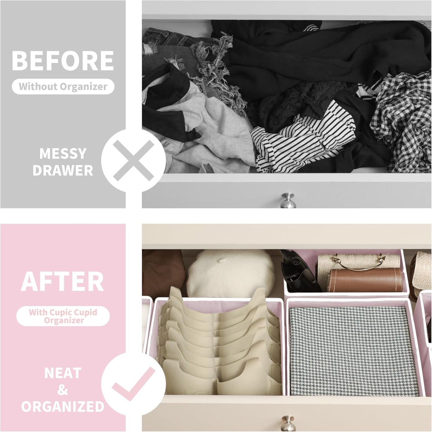 Cupic Cupid Drawer Organizer, Dresser Organizers, Foldabe Drawer Organizer Clothes, Closet Organization and Storage Dividers for Socks, Underwear and Diaper, Set of 12, Pink