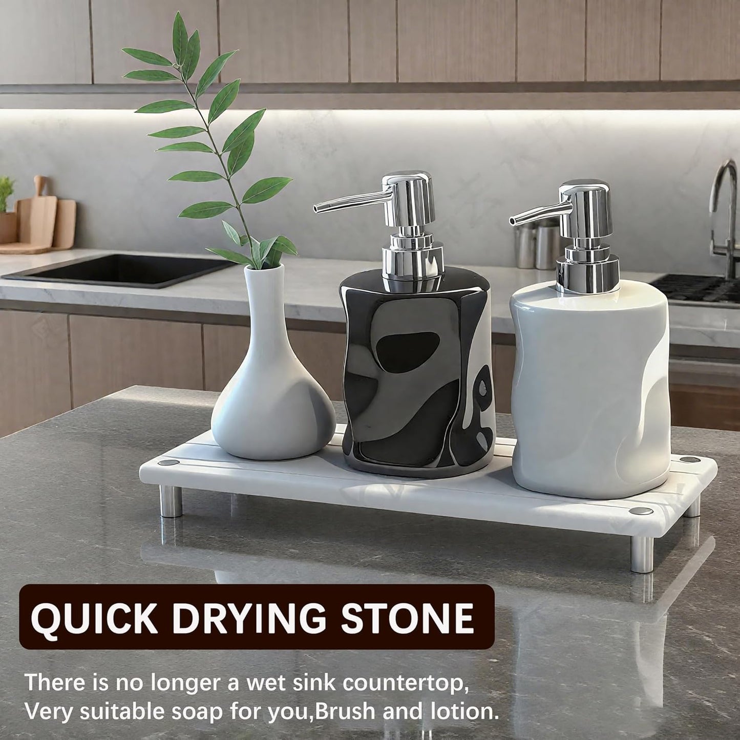 Quick Dry Sink Caddy Kitchen Sink Organizer, Water Absorbing Stone Tray for Sink, Stone Drying Tray, Diatomite Faucet Mat & Protector, Dispenser Sponge Holder, Stone Soap Tray for Bathroom Counter