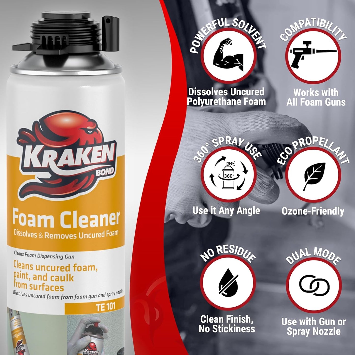 Kraken Bond Spray Foam Gun Cleaner - (1x12.3oz) Polyurethane Foam Insulation Cleaner Spray, Dissolves Uncured Expanding Foam, Foam Cleaner Spray for Extended Tool Durability - 1 Pack
