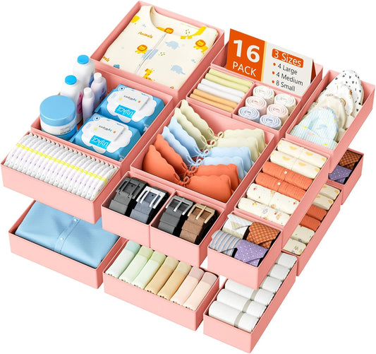DIMJ Drawer Organizer Clothes - 16 Pack Baby Dresser Organizer for Nursery, Foldable Drawer Organizer Bins for Closet Bedroom Organization, Fabric Clothes Storage Dividers for Underwears, Socks, Bras