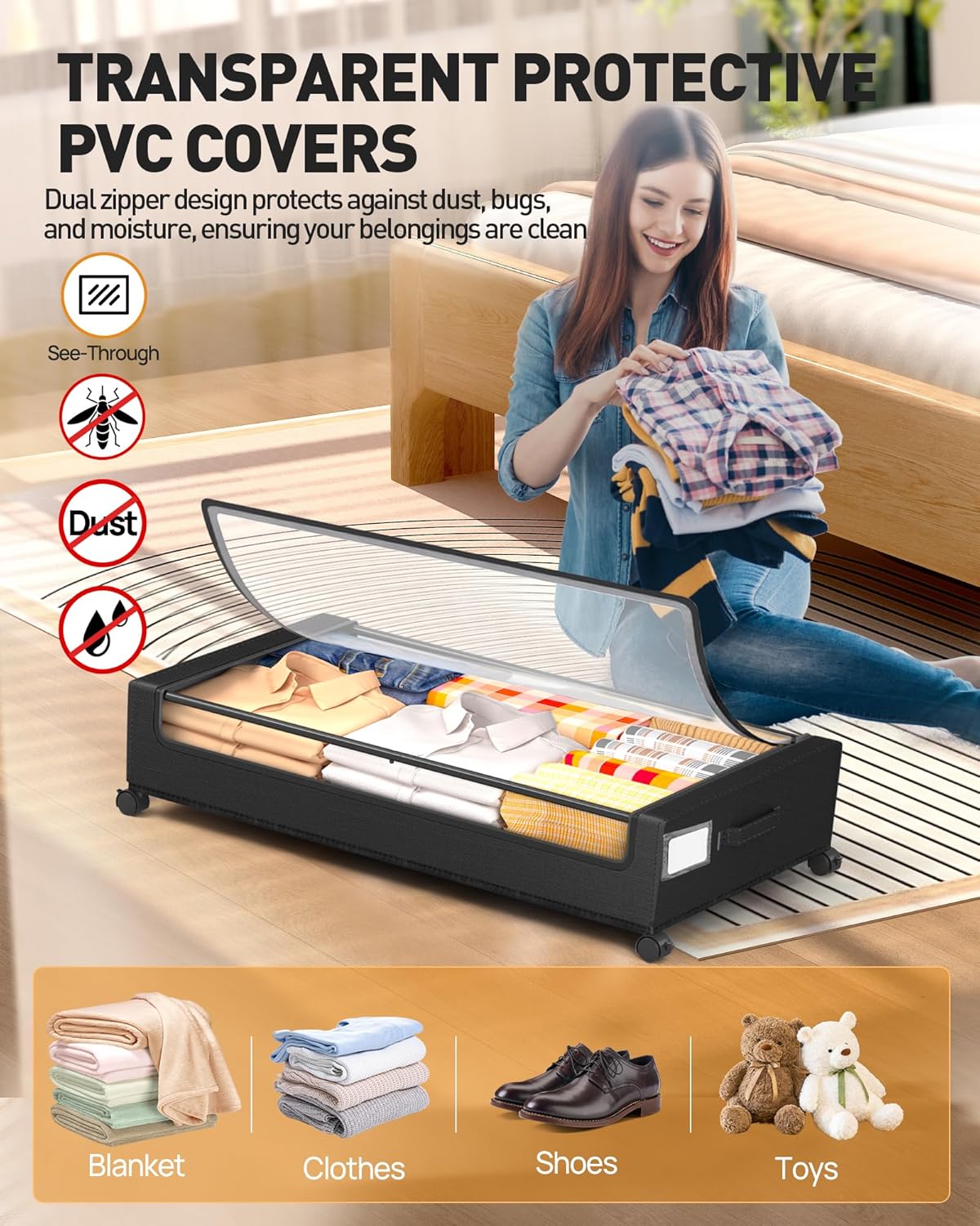 Under Bed Storage With Wheels, 2 Pack Square Containers, 60L Bins, Rolling Metal Drawer for Clothes, Blankets, Shoes