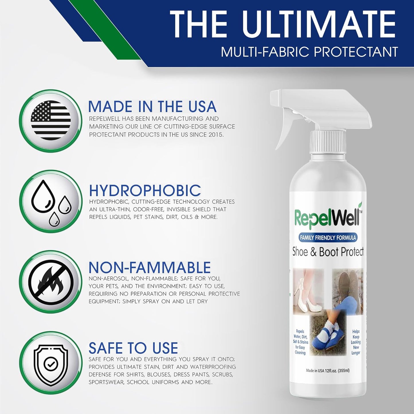 Shoe & Boot Stain & Water Repellent (12oz) Eco-Friendly, Pet-Safe Spray Keeps Fabric, Leather & Suede Clean & Dry