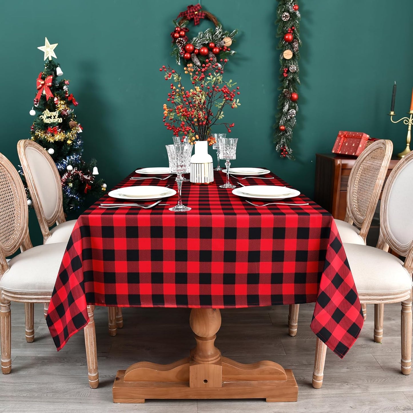 Red Waterproof Plaid Christmas Tablecloth Fabric - Square 58x58 Inch Classic Gingham Checker Holiday Table Cloth for Indoor Use - Xmas Table Cover for Picnics, BBQs, and Parties