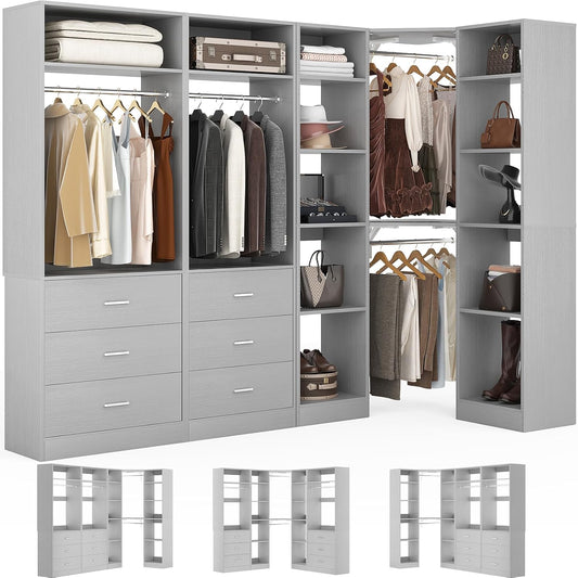 Corner Closet System with 6 Drawers, Closet Organizer System with 14 Shelves & 4 Hanging Rods, 87.2"L * 39.2"W / 63.2"L * 63.2"W Reversible L Shaped Walk-in Closets, Load 2500+LBS, Grey