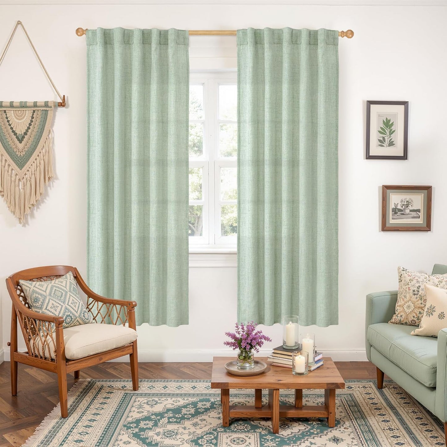 YoungsTex Sage Green Curtains 72 Inch Length for Living Room, Semi Sheer Linen Drapes Light Filtering with Back Tab Rod Pocket for Bedroom Farmhouse Spring Decor, 42 X 72 Inch, 2 Panels