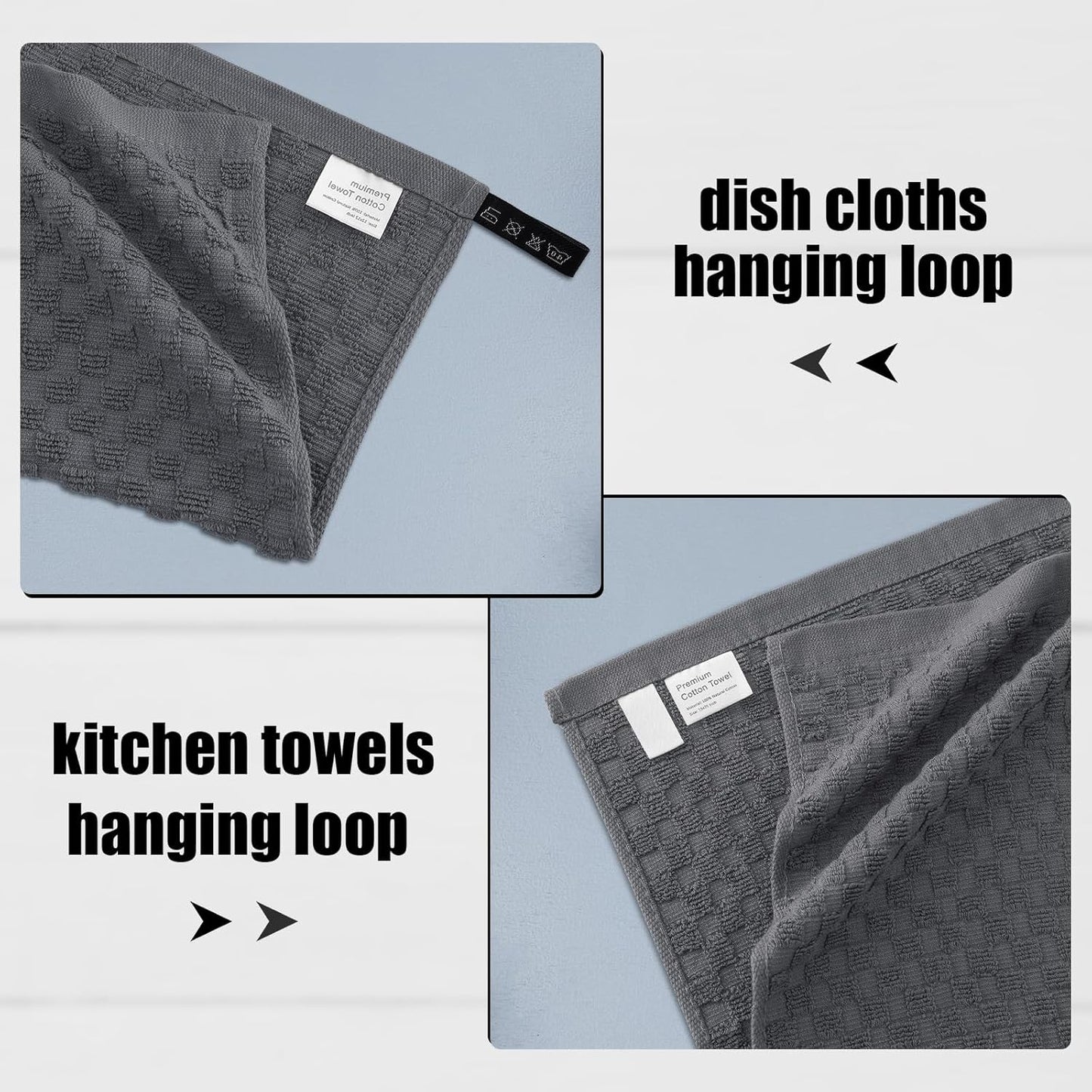Fintale 100% Cotton Kitchen Towels and Dishcloths Set, 12 x 12 & 15 x 25 Inches, Set of 10 Bulk Super Soft and Absorbent Terry Cloth Dish Towels, Quick Drying Hand Towels with Hanging Loop, Dark Grey