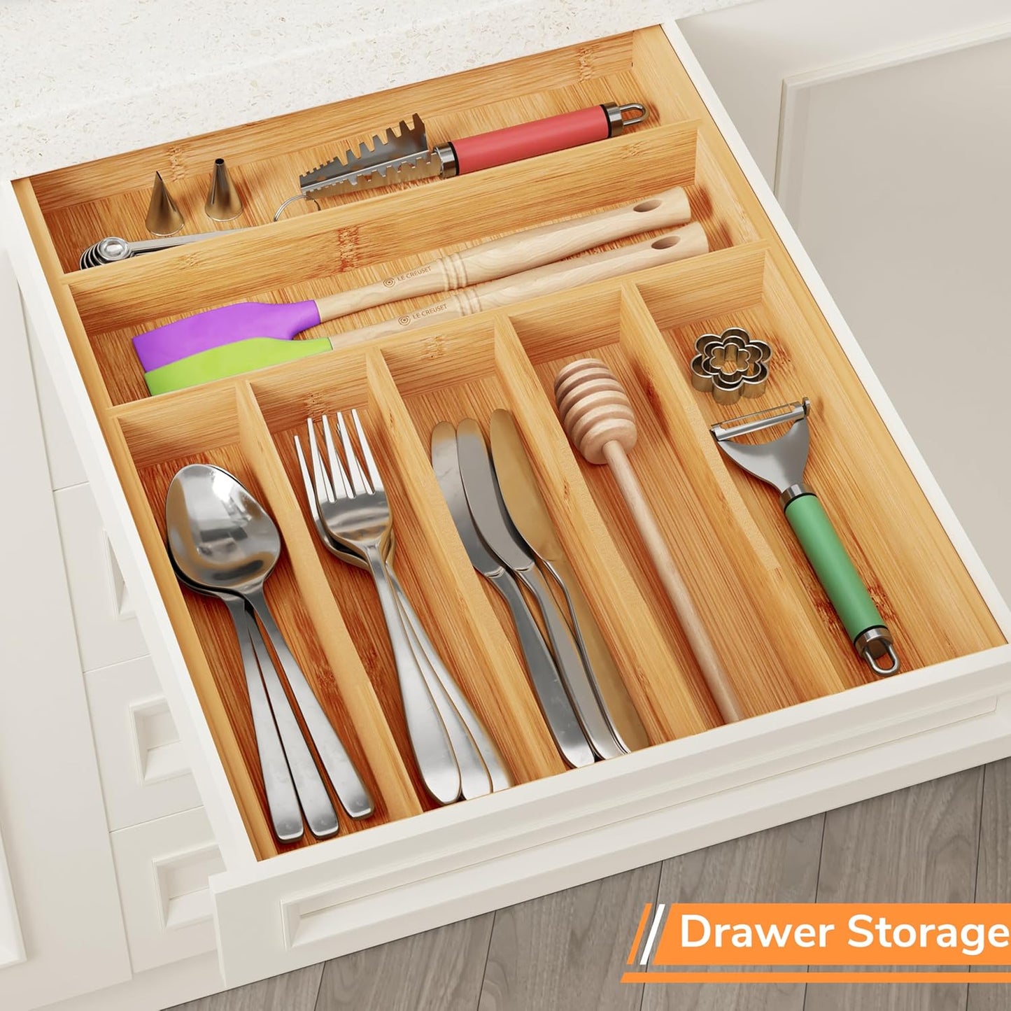 BAMEOS Bamboo Silverware Drawer Organizers, 11.9 inch Utensil Drawer Organizer for Kitchen Drawers, 7 Slots Total Large Flatware Organizer for Knives Cutlery Spoons Forks (Natural)