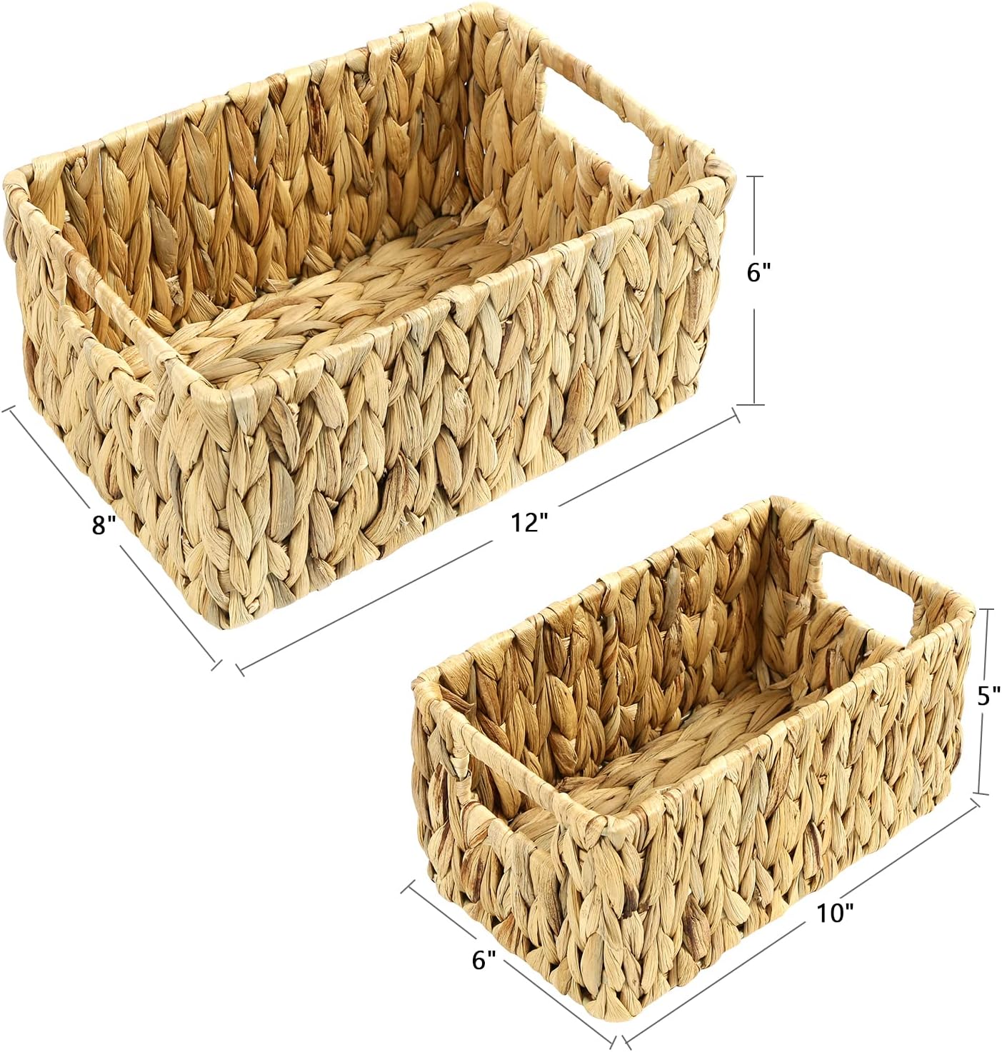 HOONEX Water Hyacinth Storage Baskets, Wicker Baskets for Storage, Hand Woven Baskets with Carry Handles, Set of 2, Natural