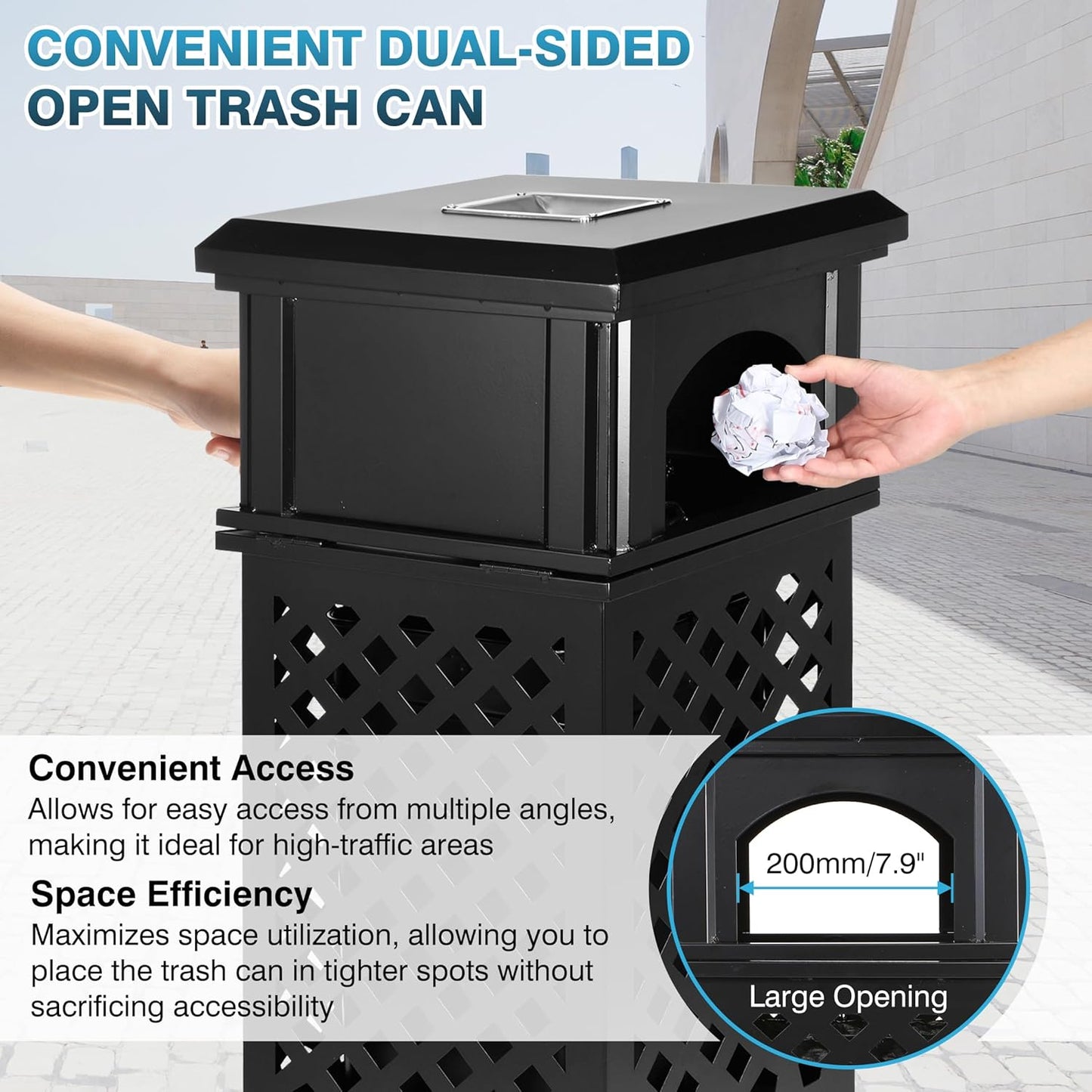 IRONWALLS Indoor/Outdoor Trash Can with Lid, Heavy Duty Steel Garbage Can with Removable Bin, Locking Lid, 16”x16”x35.4” Dual Sided-Open Commercial Trash Can Large for Patio, Backyard, Office, Black