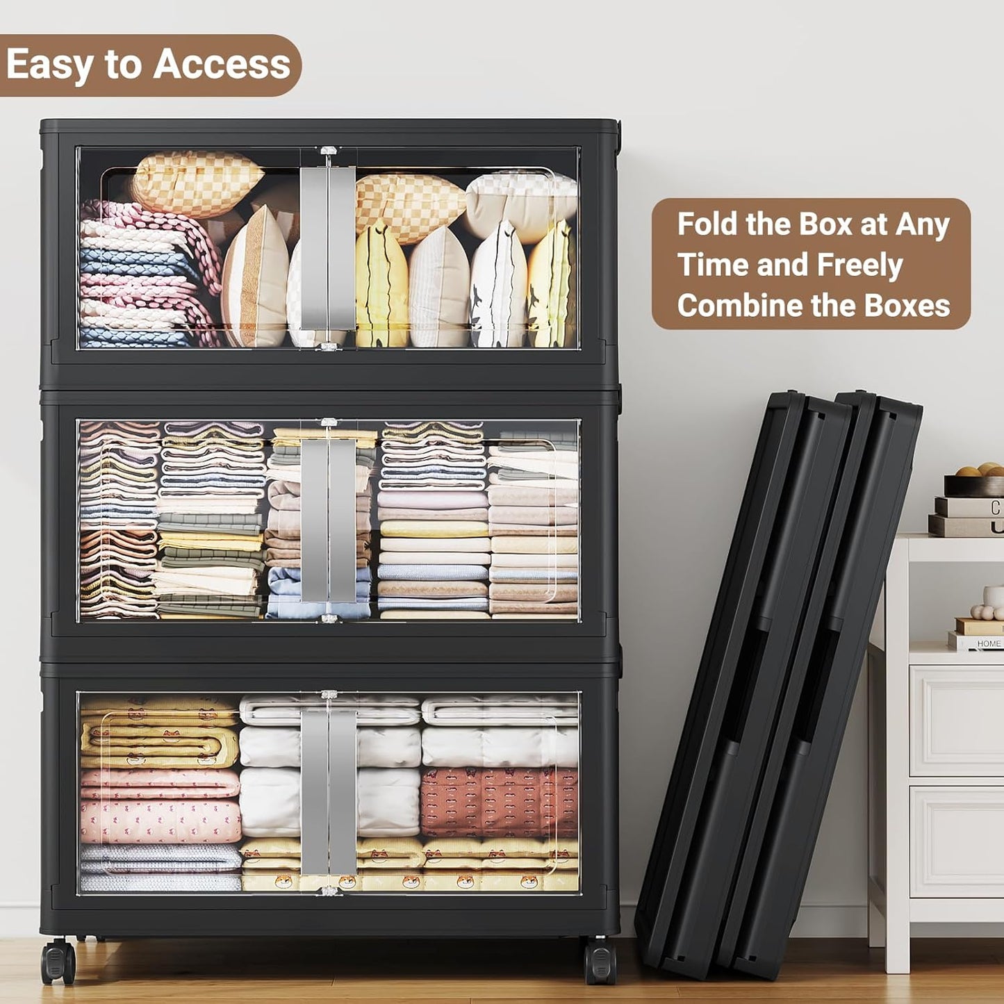 BROVIEW 480QT Stackable Storage Bins with Lids, 120Gal Extra Large Collapsible Storage Box with Wheel, Plastic Storages with Clear Door Open Front for Home Kitchen Garage, Black-3pack(3 lids)