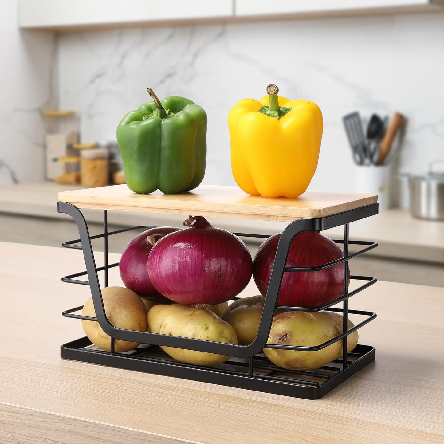 ALOCEO Small Wall Basket, Stainless Steel Adhesive Cabinet Door Organizer with Bamboo Top for Kitchen, Cabinet, Pantry, Black