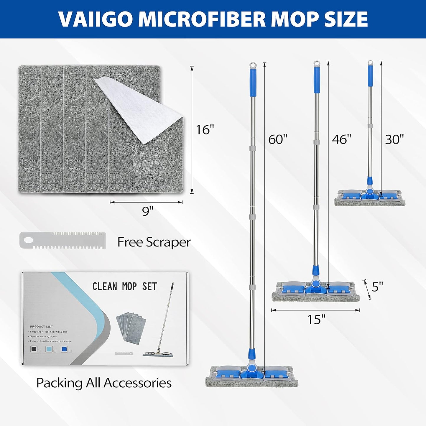 Professional Microfiber Hardwood Floor Mop, Flat Mops with 5 Pieces Reusable Washable Pads for Home and Office Wet or Dry Floor Cleaning (Sky Blue)