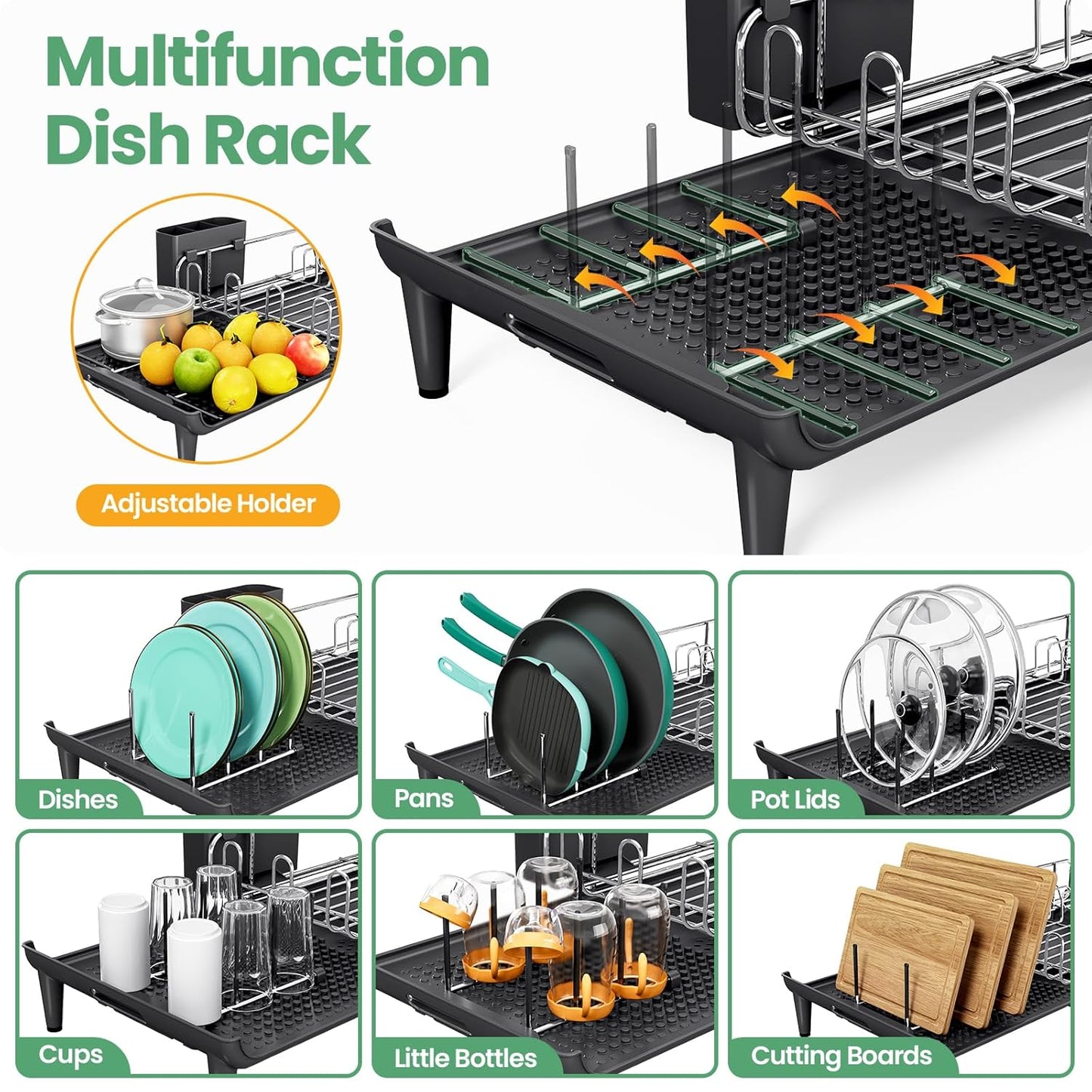 Expandable Dish Drying Rack, Foldable Dish Rack for Kitchen Counter, Stainless Steel Collapsible Dish Drainer Racks with Cutlery Holder, Black