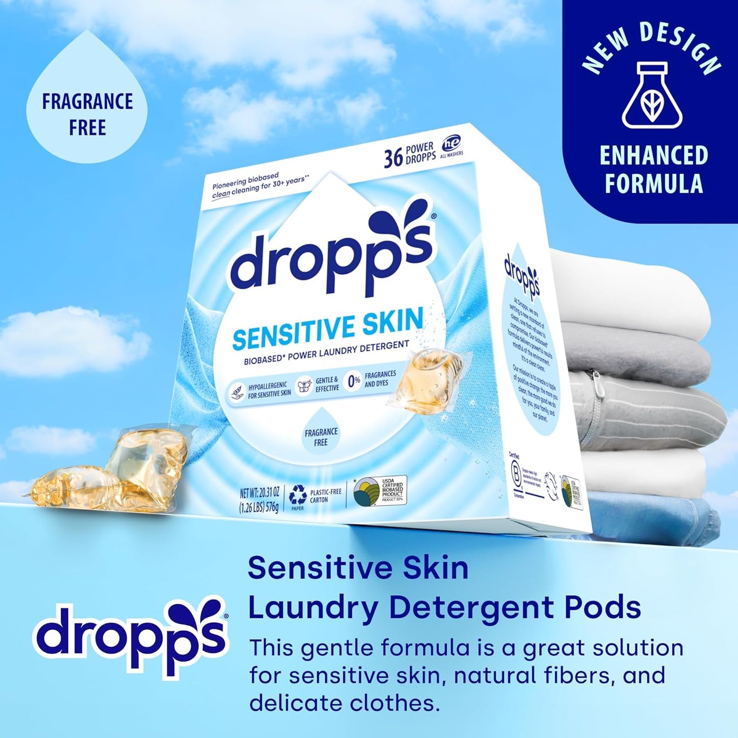 Dropps Sensitive Skin Laundry Detergent Pods, Unscented (36 Count) - Dermatologist Tested Laundry Pods - HE Compatible Laundry Supplies for Clean Clothes, Vegan & Dye-Free