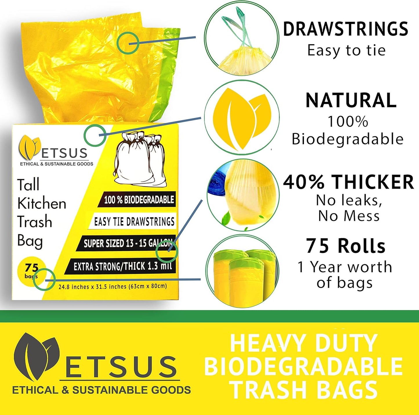 13 Gallon Biodegradable Trash Bags with Drawstrings, 75 Count Plant Based, Code Q Tall Kitchen Compost Bags 50 Liter Bin - Green Garbage Liners - 1.3 mil Thick Heavy Duty and Eco Friendly Trash Bags