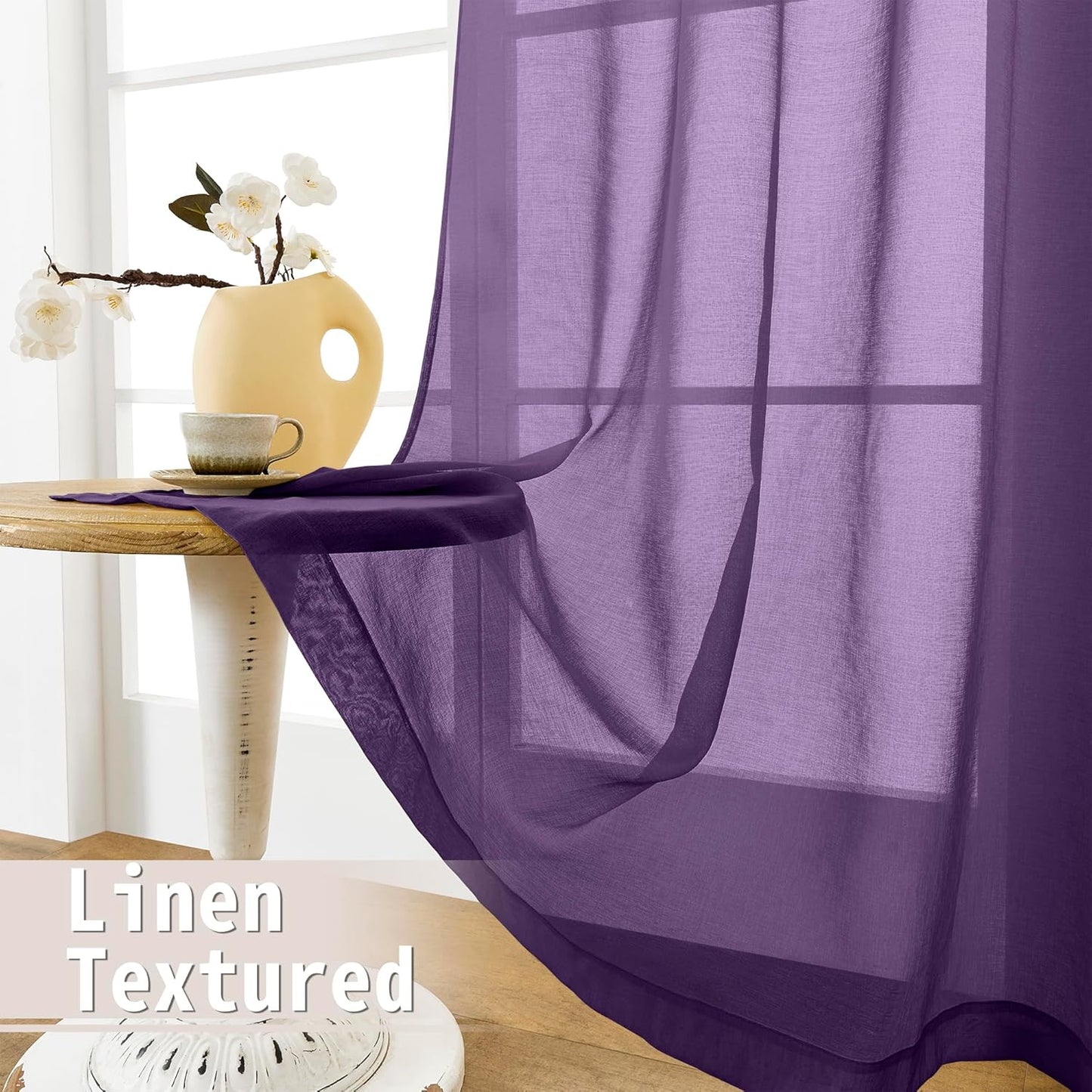 Tollpiz Short Sheer Curtain Linen Textured Curtain Sheers Doorway Light Filtering Voile Patio Glass Door Rod Pocket Curtains French Door, 54 x 54 inches Long, Royal Purple, Set of 1 Panel