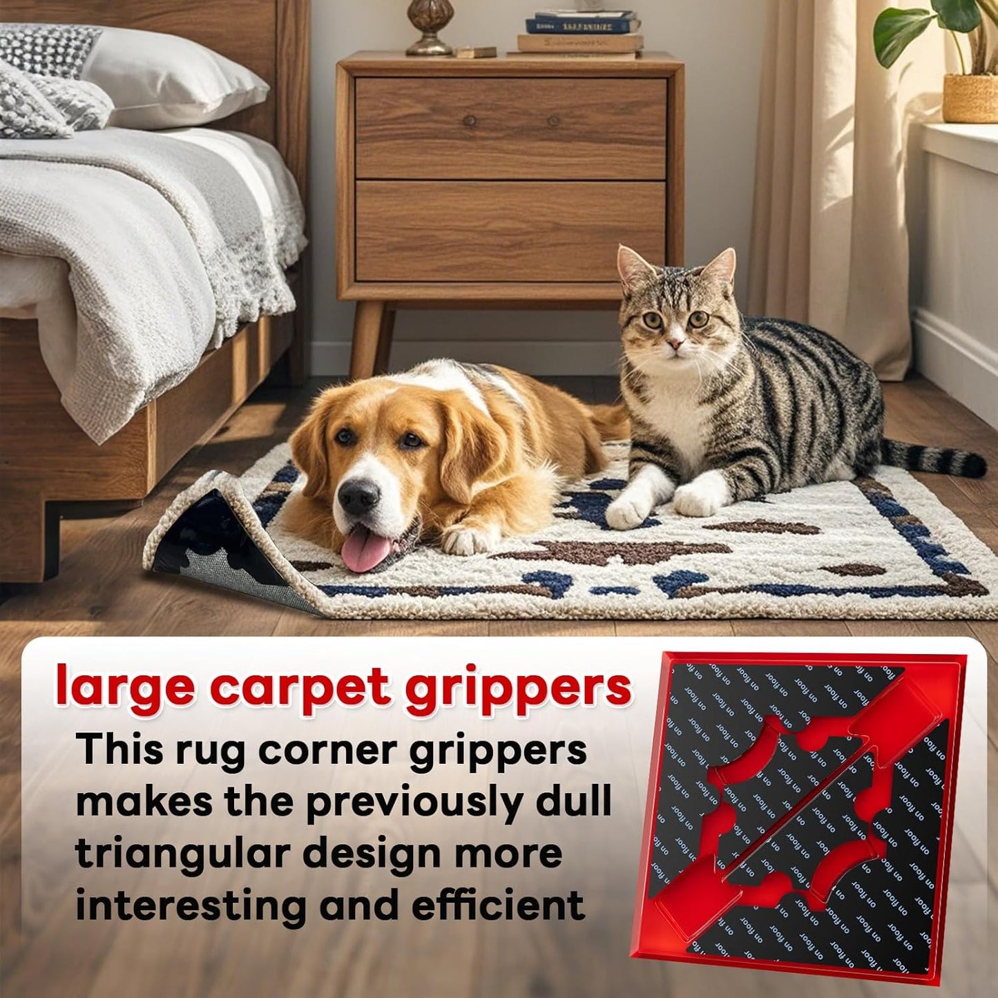Rug Non Slip Grippers, Reusable Rug Tape Pads for Hardwood Floors, Strong Carpet Gripper for Area Rugs, No Damaging for Floor, 16Pcs
