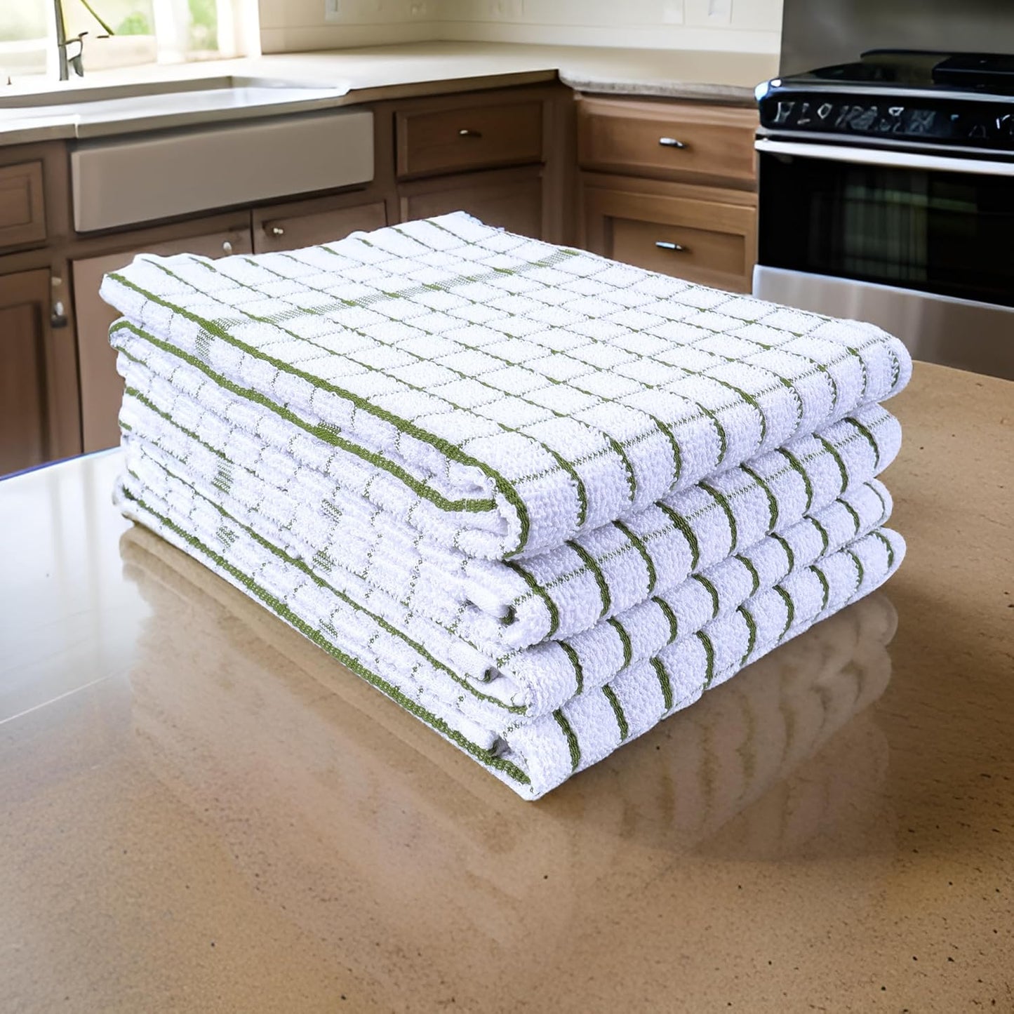 AMOUR INFINI Kitchen Towels Set of 4 - Highly Absorbent, Super Soft Terry Cotton 20x28 Inch Dish Towels with Hanging Loop - Hand & Tea Towels for Cleaning & Drying Dishes (Green)