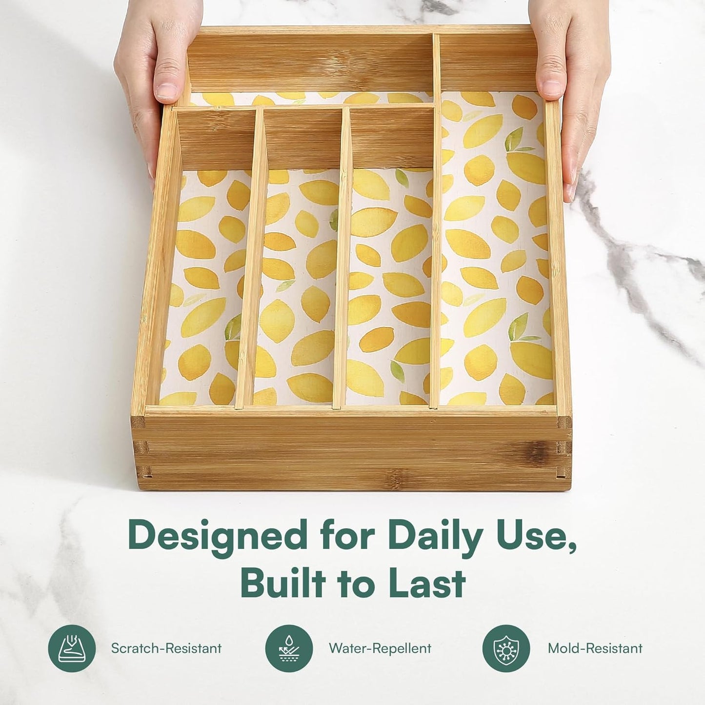 Kitchen Drawer Organizer - Silverware Organizer for Kitchen Organization & Storage, Utensil Holder & Bamboo Organizer for Kitchen Drawers, Kitchen Essentials, 5-Slot, Lemon Print