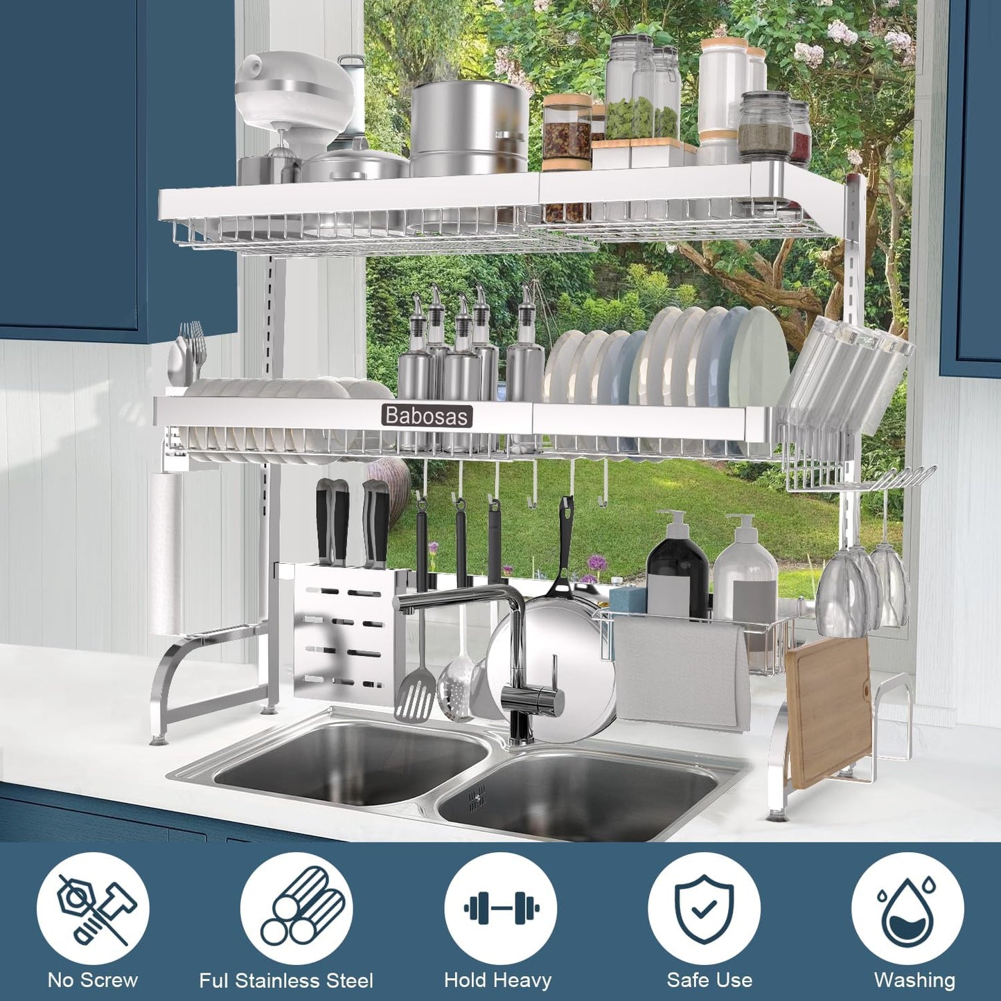 Over The Sink Dish Drying Rack,3 Tier Adjustable Length (25.5'' to 37.4'') Full Stainless Steel Large Storage Kitchen Dish Rack,For Kitchen Counter Expandable Multifunctional Organizers,Silver