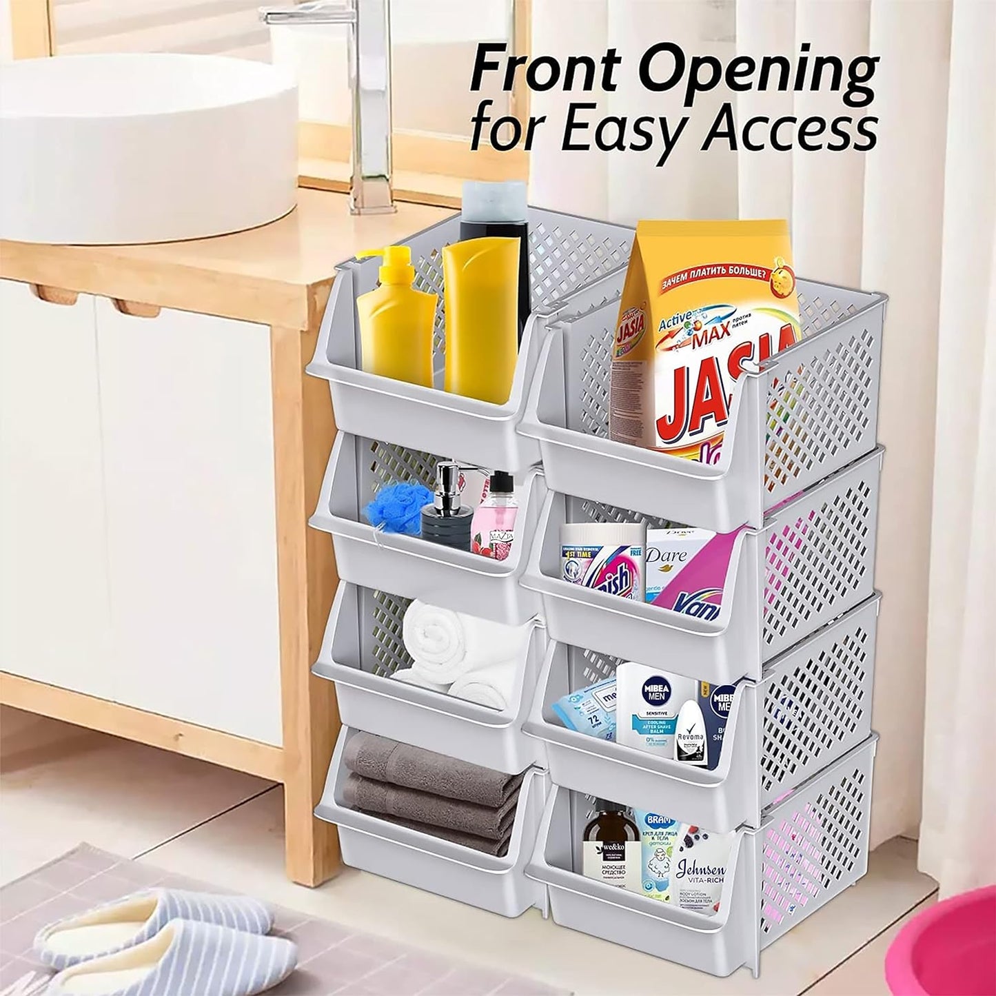 Skywin TidyFriend Stackable Storage Bins for Closet Organizers and Storage 12 Pack, Closet Organization for Kids Room and Home Organization (Light Grey)