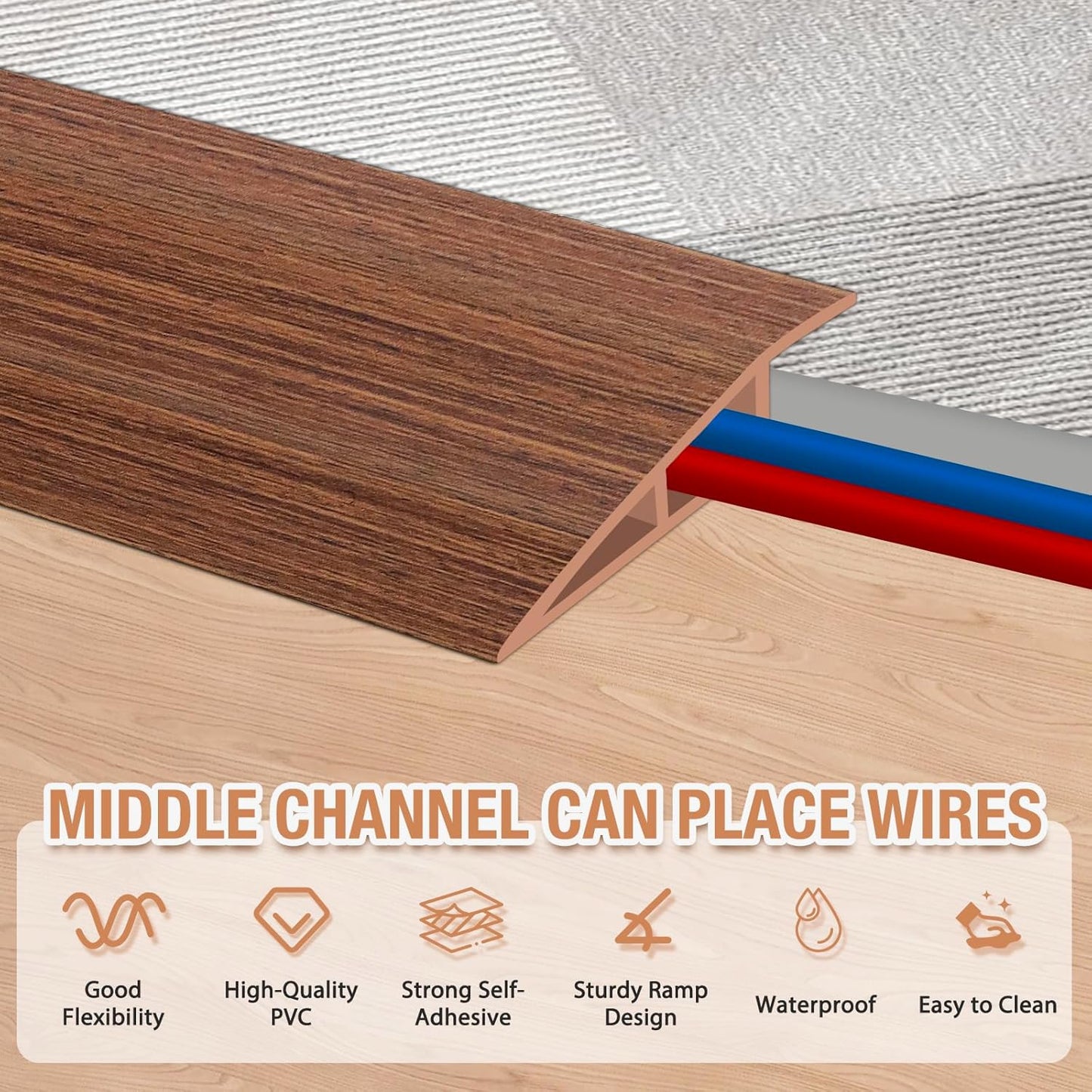 Floor Transition Strip Self Adhesive Vinyl Door Threshold for Doorways Carpet Edging Trim Overlap Edge Reducer for Laminate Floor, Carpet, Tile (Light Brown Wood Grain, 2/5" to 3/5", 3.3Ft)