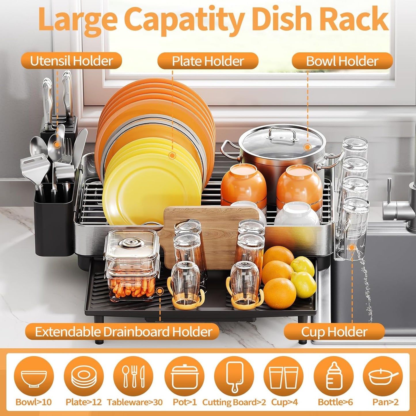Expandable Dish Drying Rack for Kitchen Counter, 304 Stainless Steel Dish Rack, Multi-Function Dish Drainer, Large Dish Strainer with Cup Holder, Cutlery Holder, Extendable Large Size Silver