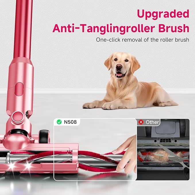 Cordless Vacuum Cleaner, 38Kpa Powerful Stick Vacuum Cleaner with 45mins Rechargeable Battery, LED Anti-Tangle Brush, 8-in-1 Handheld Vacuum Cleaners for Home/Pet Hair/Carpets/Floors, Pink