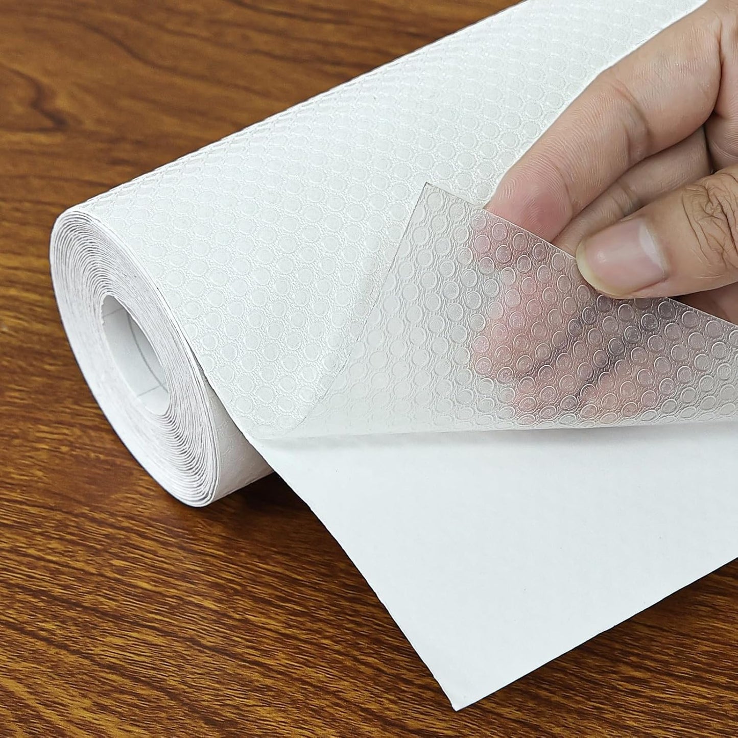 Shelf Liners 16 in x 20 ft Self-Adhesive EVA Drawer Mats, Cupboard Protector, Kitchen Cabinet Lining Fridge Liner (Clear Flat Dot, 40.7x610cm)