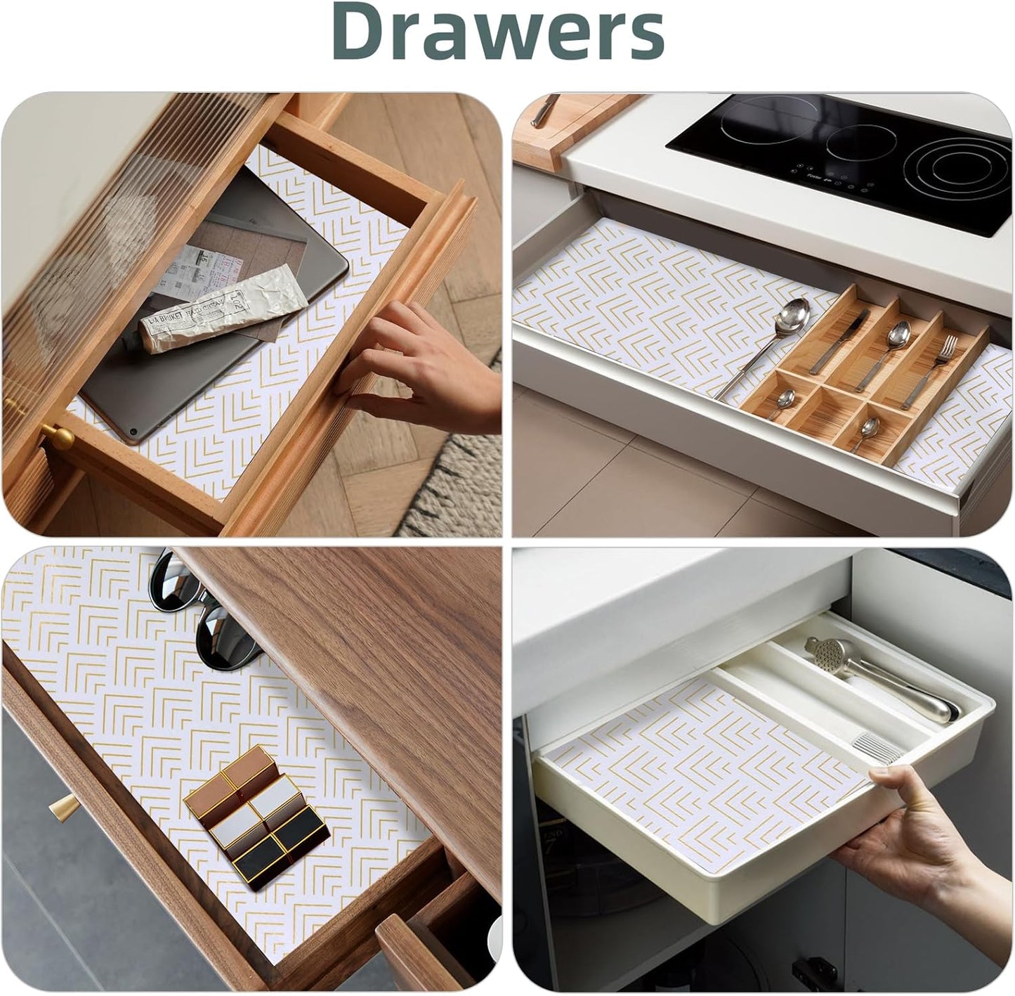 Shelf Liner for Kitchen Cabinets Non Adhesive Drawer Liner Non-Slip Thickened Shelf Liner Paper Strong Easy to Clean for Tool Box Refrigerator with Knife and Tape Measure, Gold Arrow,23.6 x 354.3 in