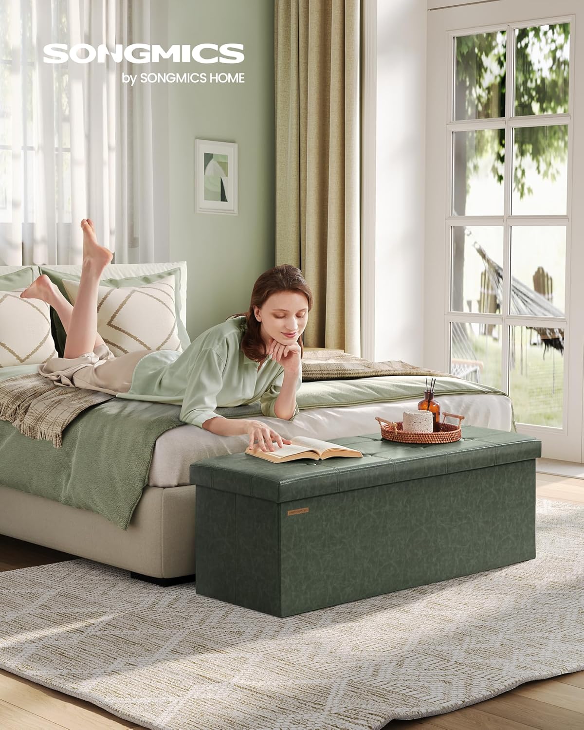 SONGMICS Mazie Collection - 43 Inches Folding Storage Ottoman Bench, Ottoman with Storage, Foot Rest Stool, Load 660 lb, for Living Room, Synthetic Leather, Forest Green ULSF070C01