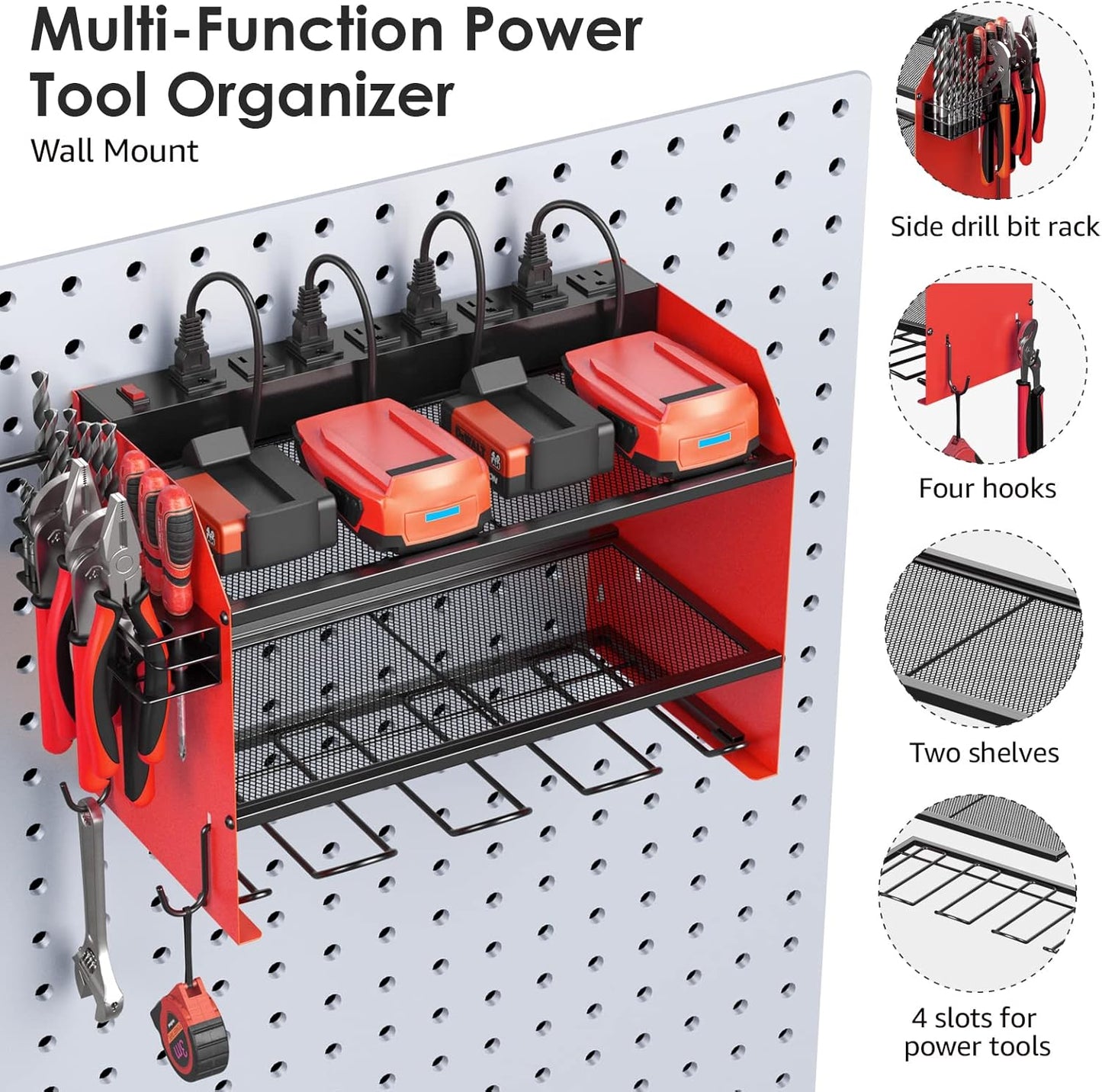CCCEI Set Power Tool Organizer Wall Mount with Charging Station. Garage 8 Drills Storage Shelf with Hooks, Screwdriver, Drill Bit Heavy Duty Rack, Tool Battery Holder Built in 8 Outlet Power Strip.