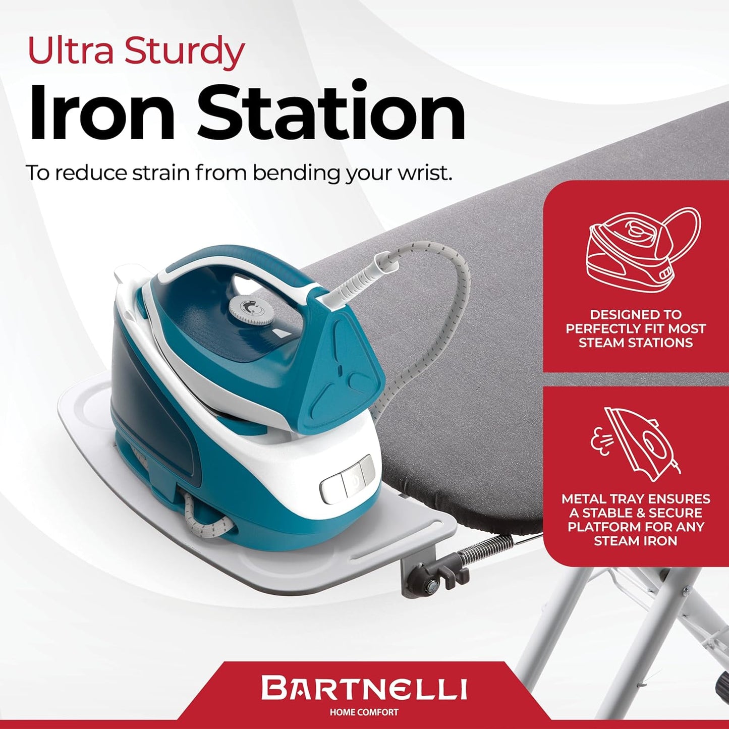 Bartnelli Extra Wide Pro Ironing Board 19x48 Ironing Surface with Iron Rest, Cord Holder, Shelf and 4 Layer Heat Resistant Cover and Pad