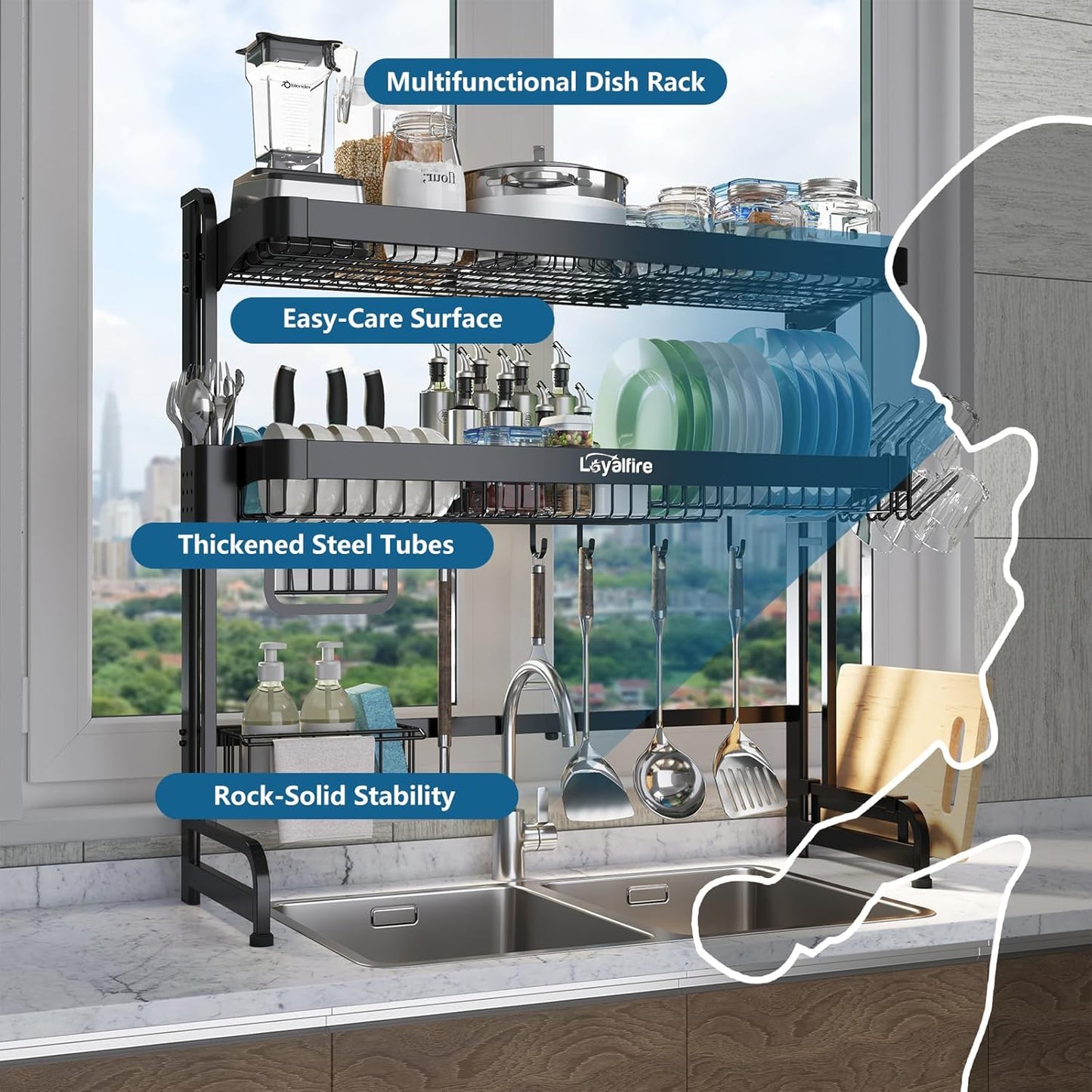 Over Sink Dish Drying Rack, 3 Tier Adjustable Length (20.87'' to 37.6'') Full Stainless Steel Large Storage Kitchen Dish Rack, Expandable Drainer Shelf Rack with Multifunctional Organizers