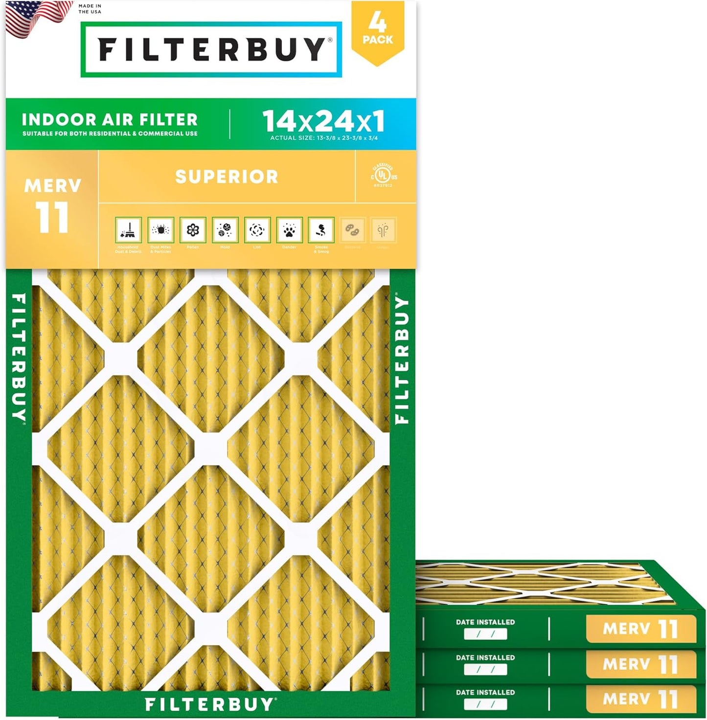 Filterbuy 14x24x1 Air Filter MERV 11 (MPR 1200) Allergen Defense Replacement (4-Pack), Electrostatic Pleated HVAC AC Furnace Filters, Made in USA (Actual Size: 13.38 x 23.38 x 0.75)