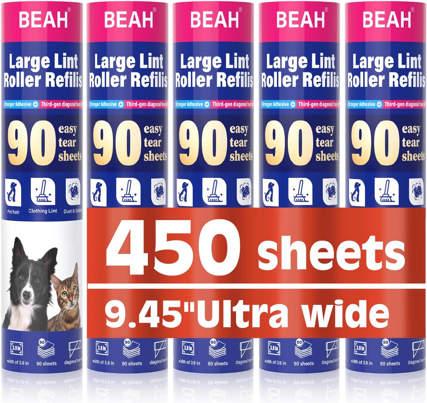 Lint Roller Refills (5 Packs 450 Sheets) Lint Rollers for Pet Hair Extra Sticky Refills,9.45 Inch Pet Hair Remover,Lint Roller Cleaning for Clothes,Furniture and Carpet,Easy to Tear