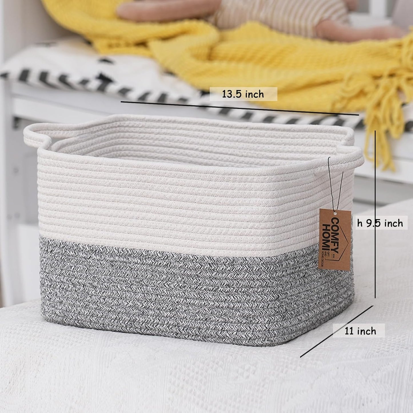COMFY-HOMI 3-Pack Cotton Rope Woven Basket with Handles for Shelves, Book, Cloth Basket|Dog Toy Basket for Organizingy|13.5" x 11" x 9.5" for Bedroom（White/Grey）