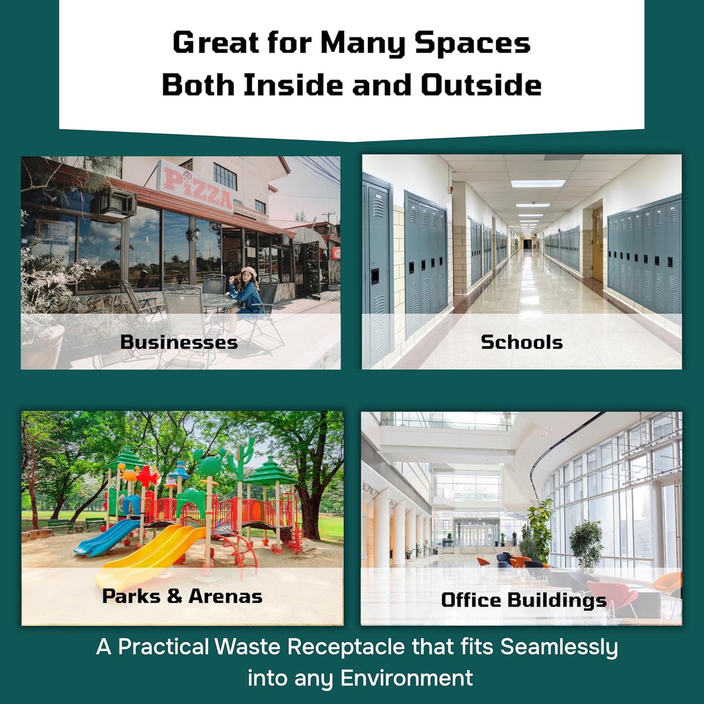 32 Gallon Square Slatted 100% Recycled Plastic Heavy-Duty Commercial Outdoor or Indoor Trash Can with Push Top Lid | Great for Schools and Businesses - Green