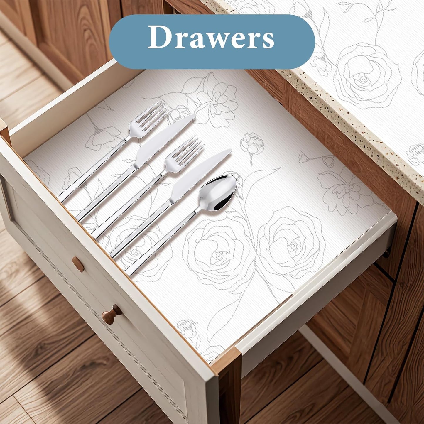 Shelf Liners for Kitchen Cabinets 17in x 20FT Non Adhesive Drawer Liner Sliver Floral Thickened Shelf Liner Paper Strong Non-Slip Easy to Clean for Tool Box Refrigerator with Knife and Tape Measure