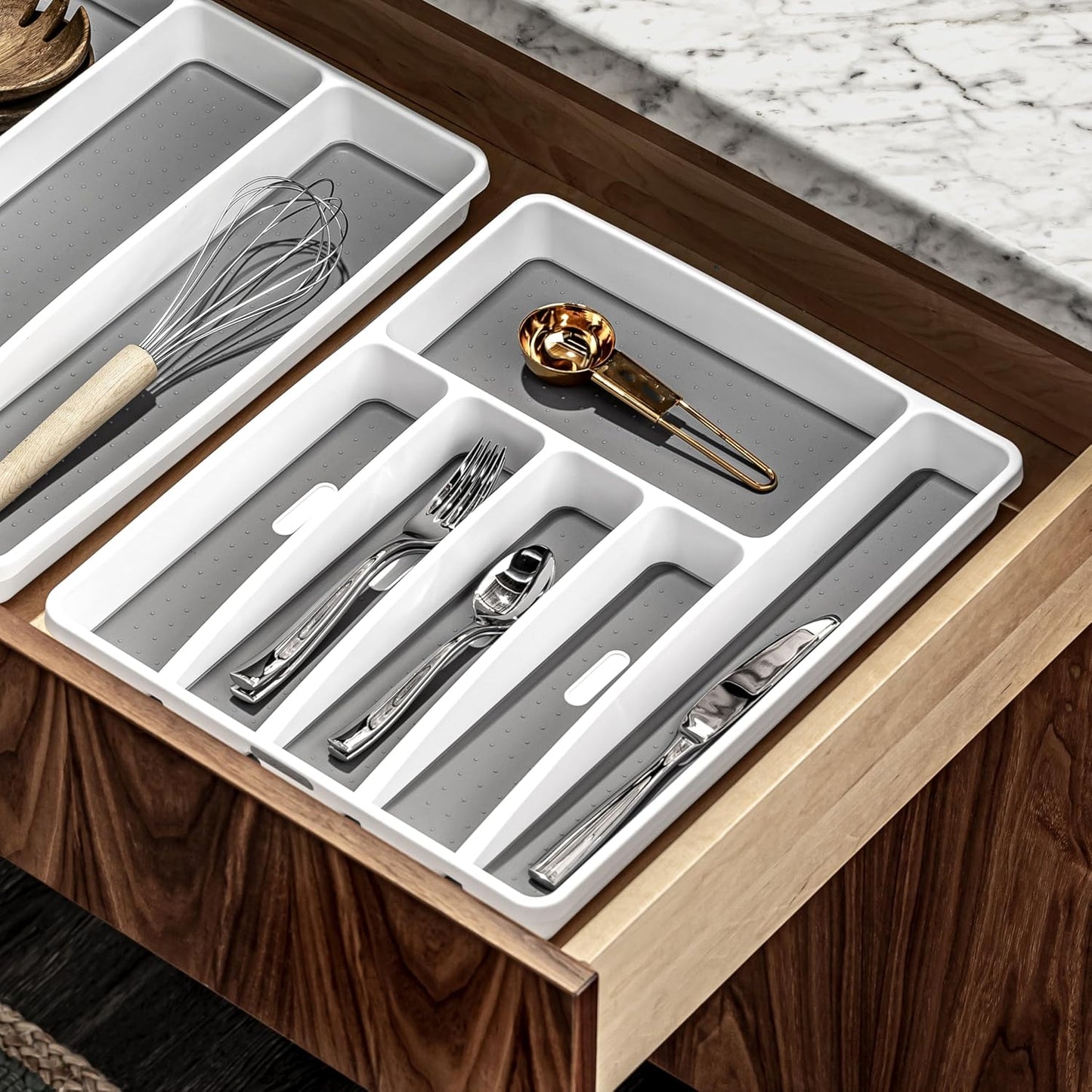 madesmart Classic Large Silverware Tray - White |CLASSIC COLLECTION | 6-Compartments| Kitchen Drawer Organizer | Soft-Grip Lining and Non-Slip Rubber Feet | BPA-Free (Pack of 6)