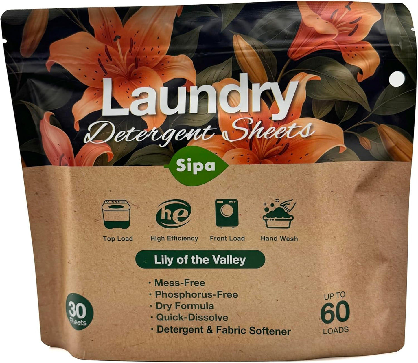 SIPA Laundry Detergent Sheets Bag - 30 Sheets, Up to 60 Loads, Lily of the Valley Scent, Phosphorus-Free, High Efficiency, (30 Count (Pack of 40))