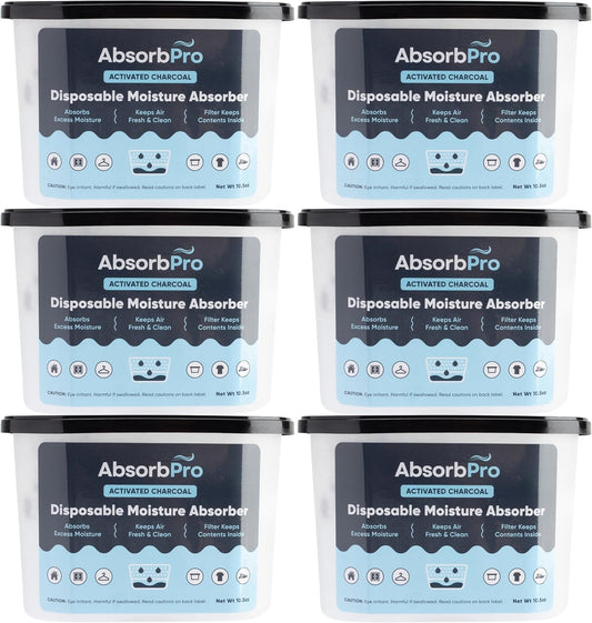Moisture Absorber Tub with Activated Charcoal - 6-Pack - 10.5 oz Disposable Odor Eliminator Box & Dehumidifier for Garage, Home, Kitchen, Bedroom, Bathroom, Closet, Cars, and Boats