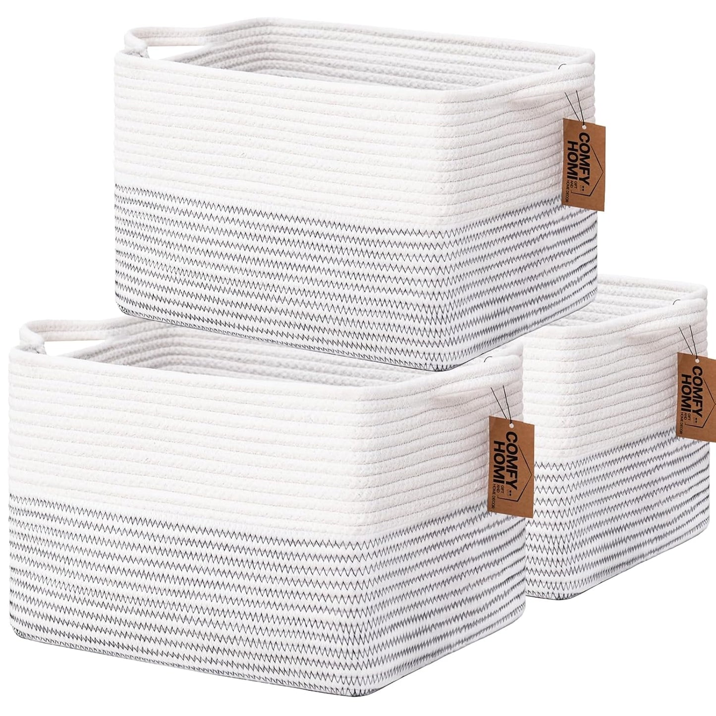 COMFY-HOMI 3 Pack Cotton Rope Square Basket with Handles - Storage & Organizer (White/Black Line, 13.5" x 11" x 9.5")