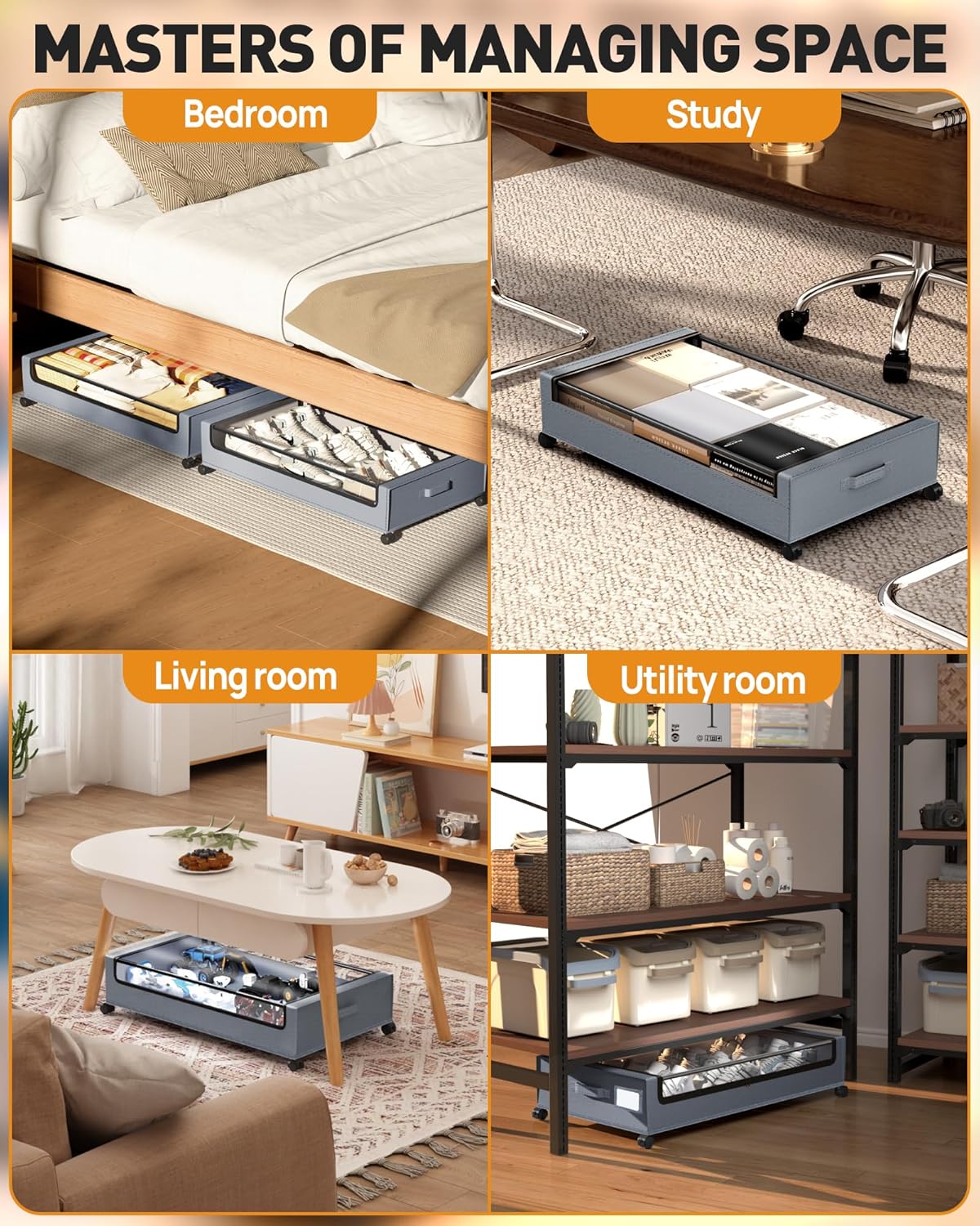 Under Bed Storage with Wheels, Square Under Bed Storage Containers, 4 Pack Under The Bed Storage Bins, Under Organizer with Clear Lids-60L Rolling Underbed Storage For Clothes, Shoes...