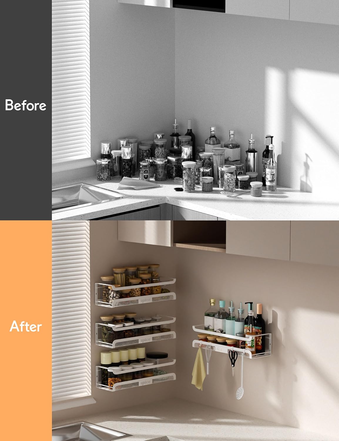 Spice Rack Wall Mount with Hooks - Spice Racks Organizer for Cabinet Storage, Wall Mounted Hanging Shelf Seasoning Organizer, for Kitchen, Pantry Door, Bathroom (White, 1 Pack)